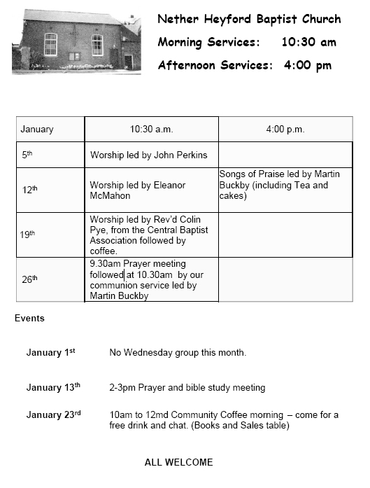NetherHeyfordBaptistChapel_ServicesJanuary2020
