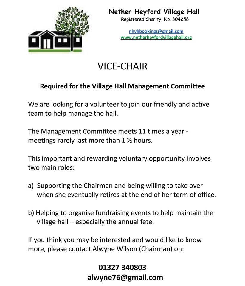 NetherHeyfordVillageHall-ViceChairAdvertJune2020