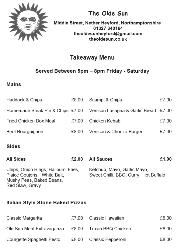 TheOldeSunNetherHeyfordDecember2020Menu